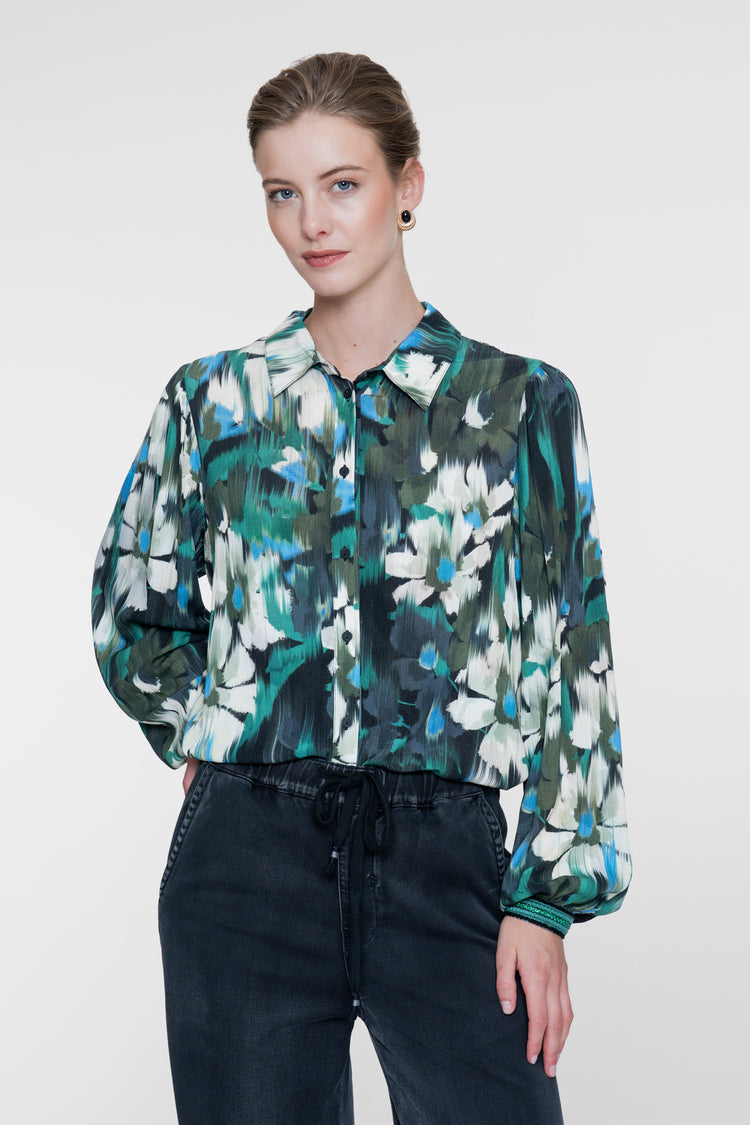 Geisha Bluse mit grafischem Blumenprint und Tape-Detail