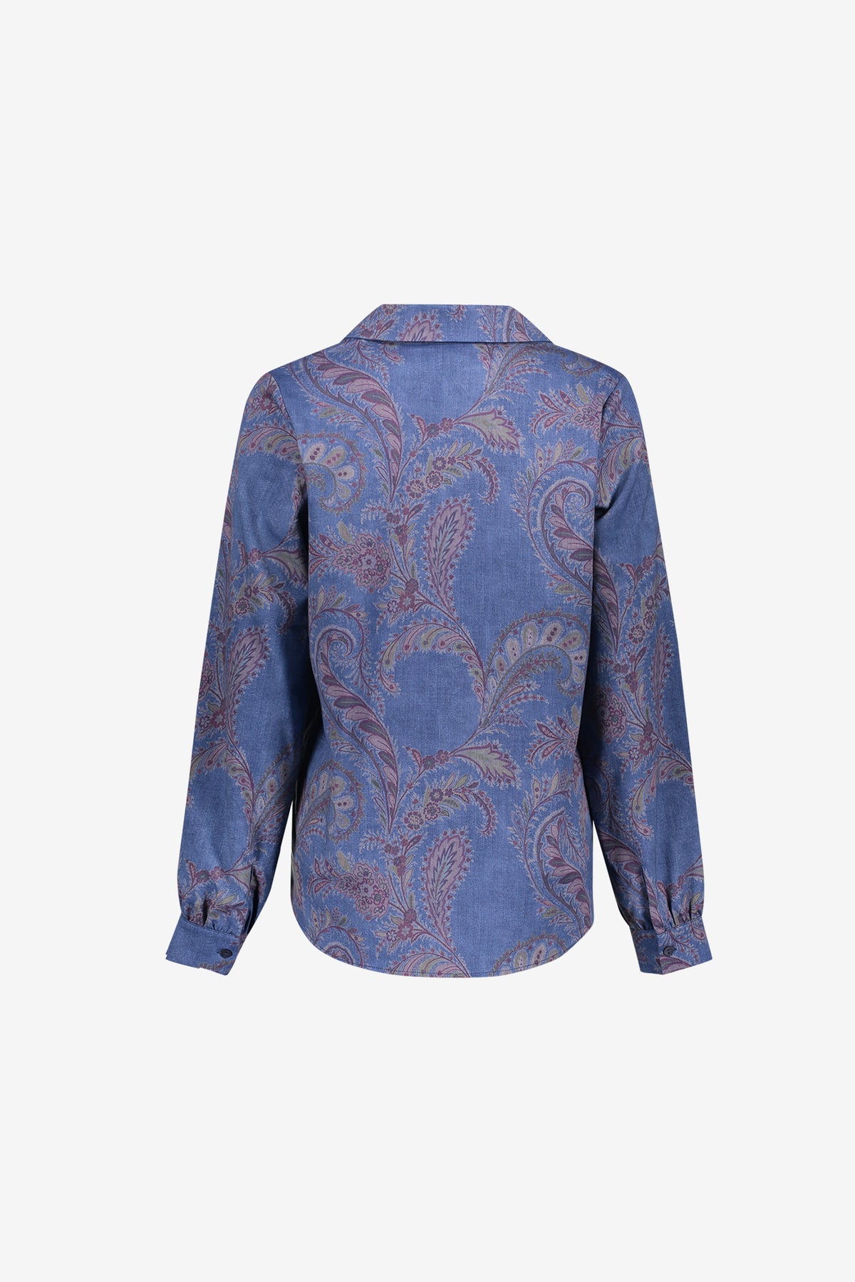 Geisha denim look blouse met paisley bloemenprint en V-snit