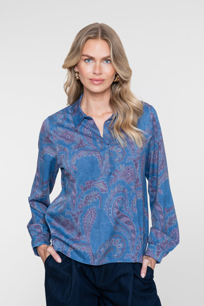 Geisha denim look blouse met paisley bloemenprint en V-snit – Shop de look