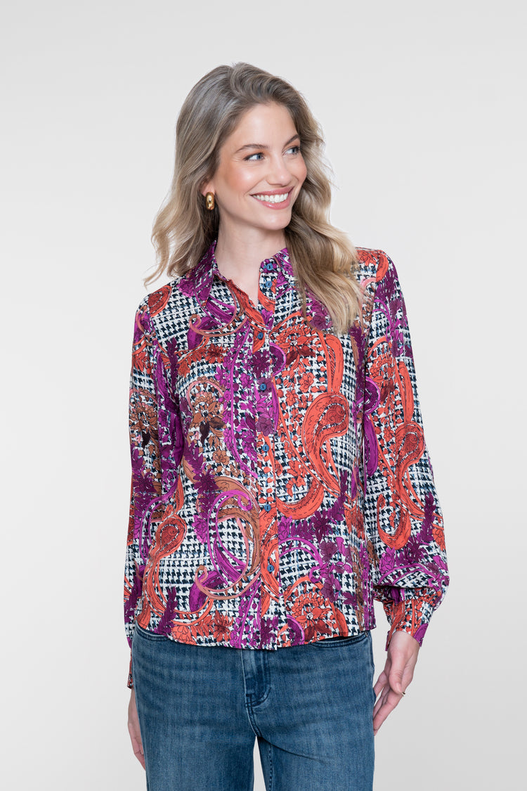 Geisha Bluse mit grafischem Print und klassischem Kragen