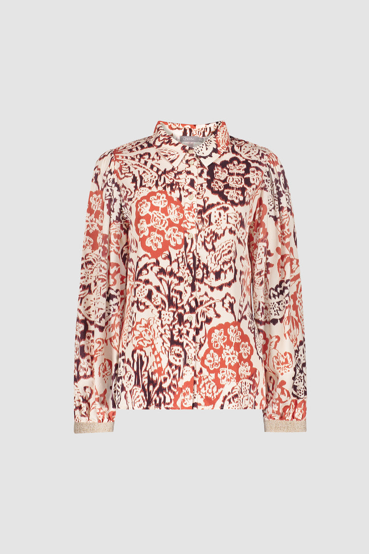 Geisha Bluse mit klassischem Kragen und dekorativem Print