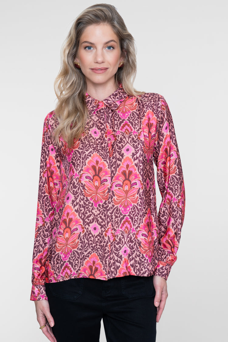 Geisha Bluse mit elegantem Print und klassischem Kragen