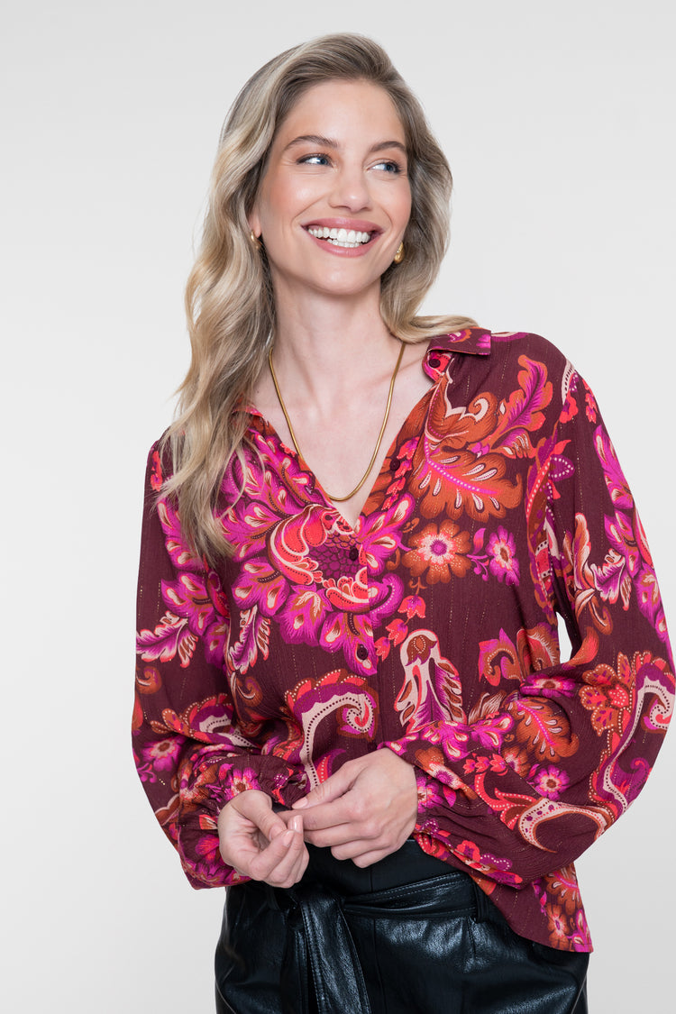 Geisha Bluse mit Paisleyprint und Lurexdetails
