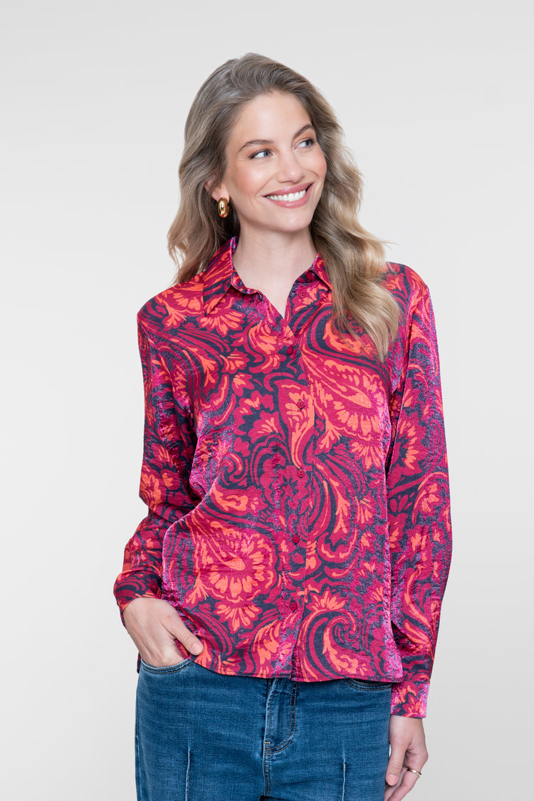 Geisha Bluse mit dekorativem Print und Glanz