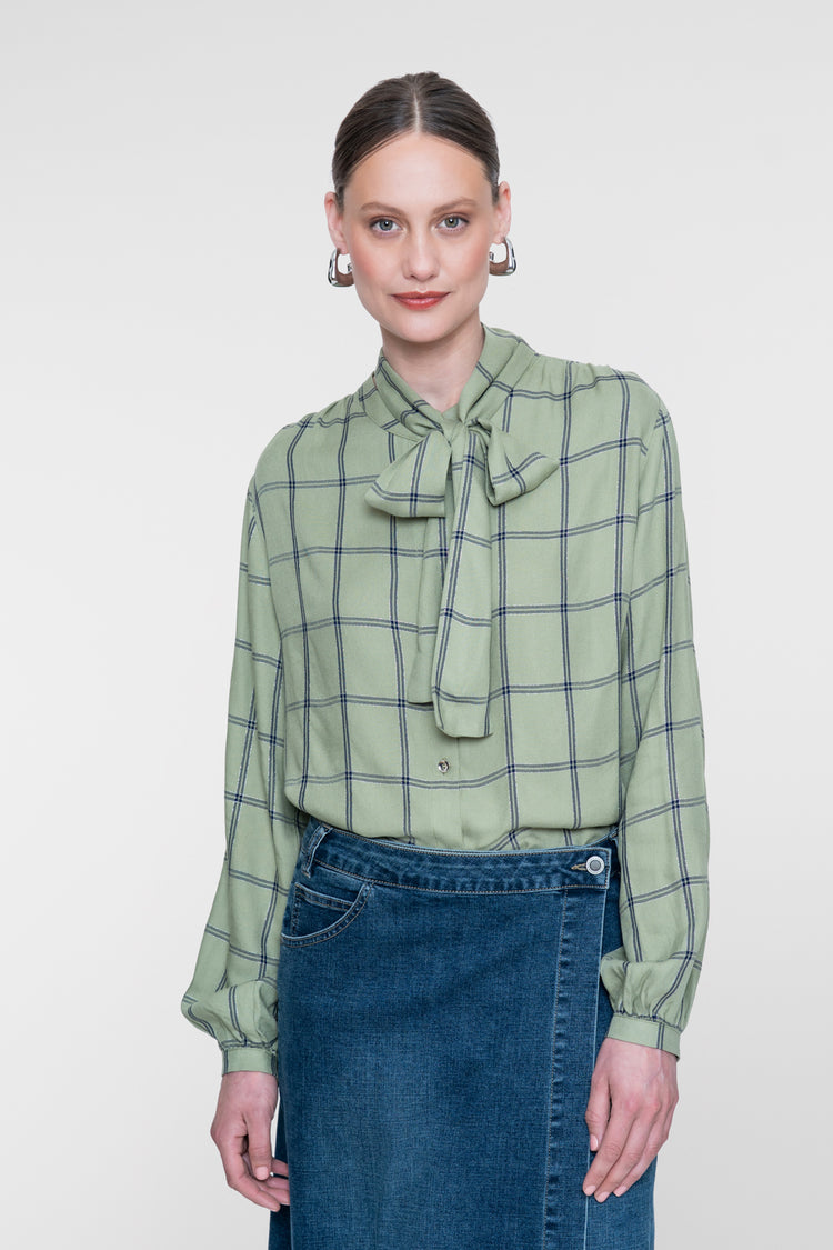 Geisha Bluse mit Schleifendetail und Karomuster