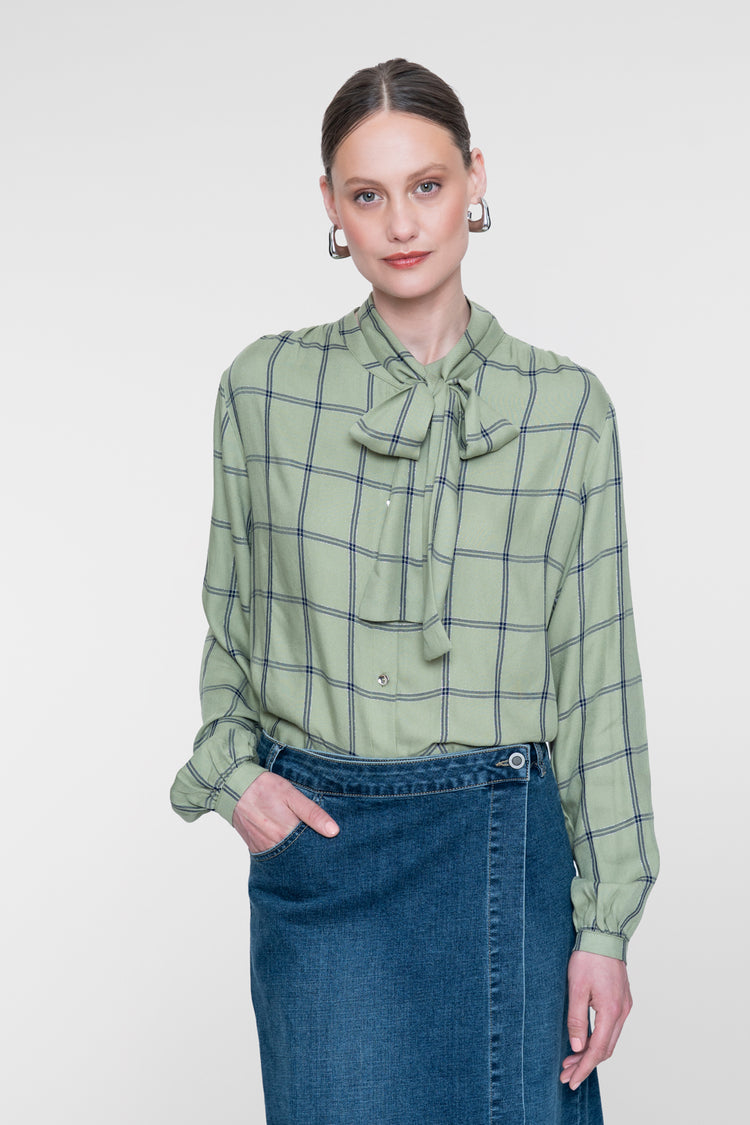 Geisha Bluse mit Schleifendetail und Karomuster