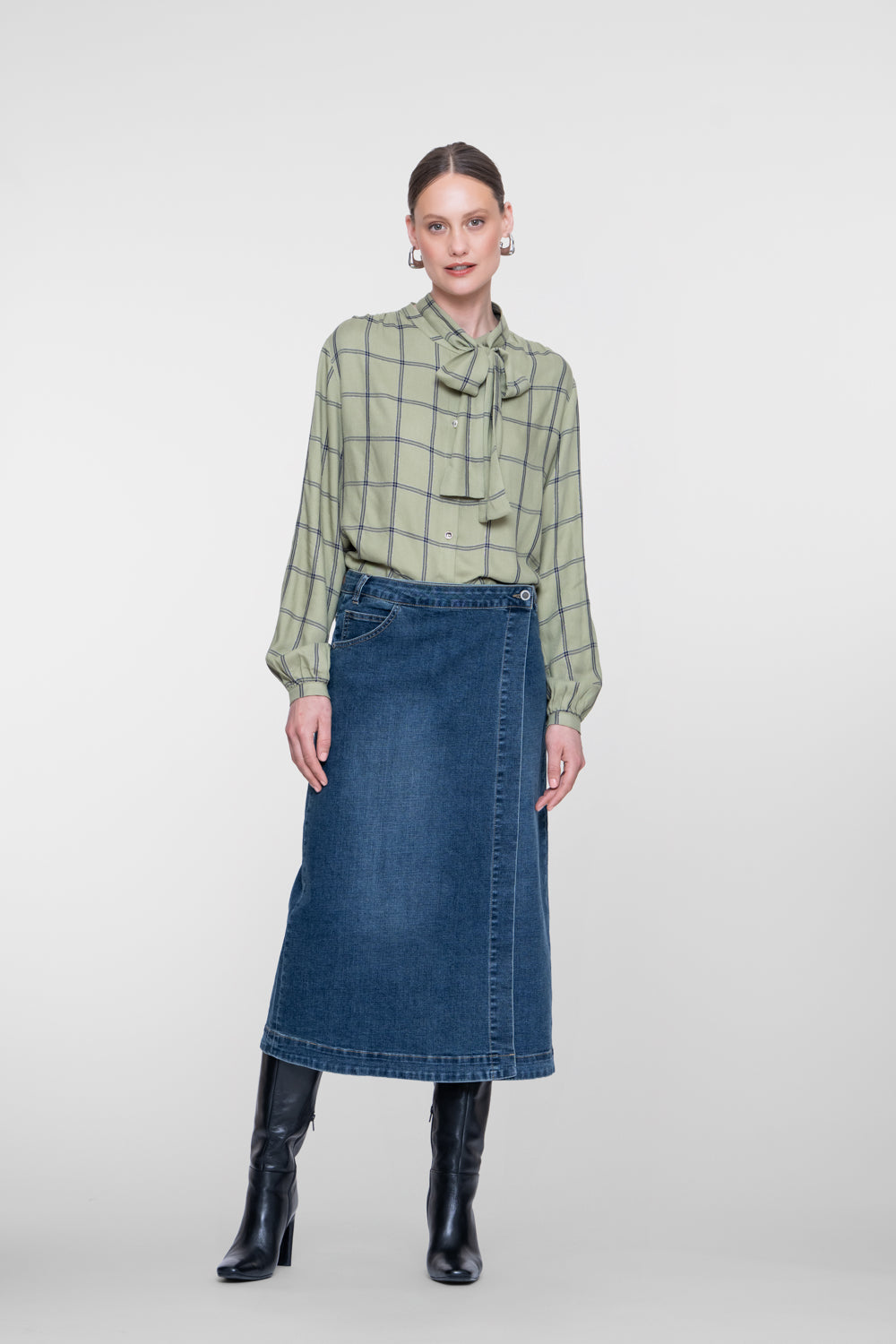 Geisha Bluse mit Schleifendetail und Karomuster