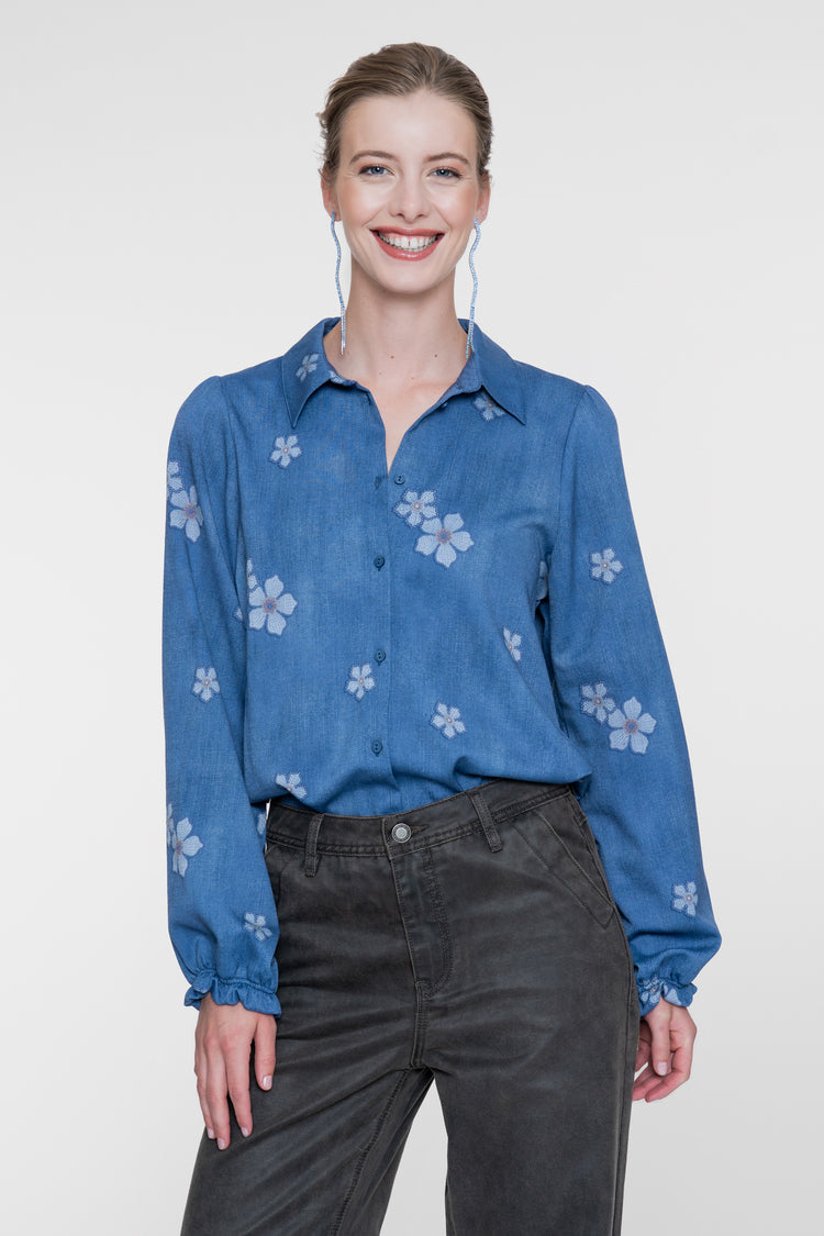 Geisha blaue Bluse mit Blumenmuster