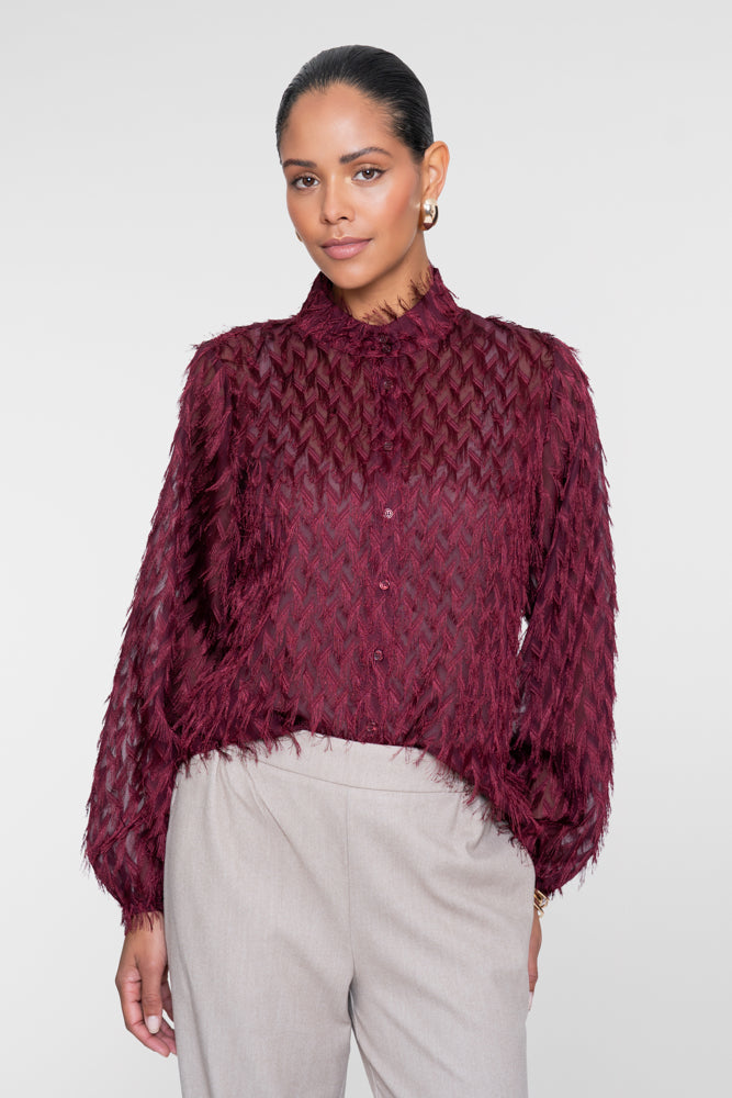 Geisha Damen Bluse in Burgunderrot mit Fransen