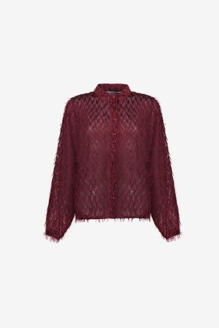 Geisha Damen Bluse in Burgunderrot mit Fransen