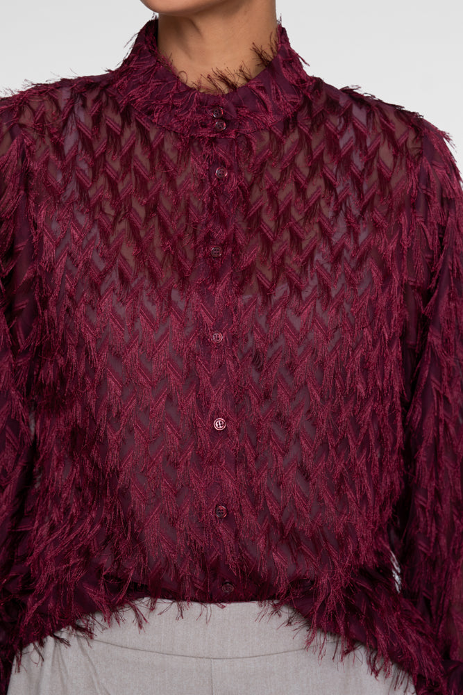 Geisha Damen Bluse in Burgunderrot mit Fransen