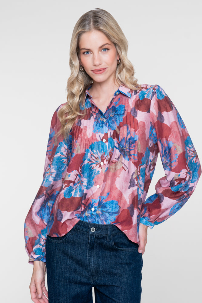 Geisha Damen Bluse mit farbenfrohem Blumenmuster und Faltendetails