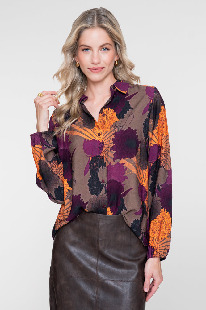 Geisha Bluse mit Blumenprint in warmen Herbsttönen