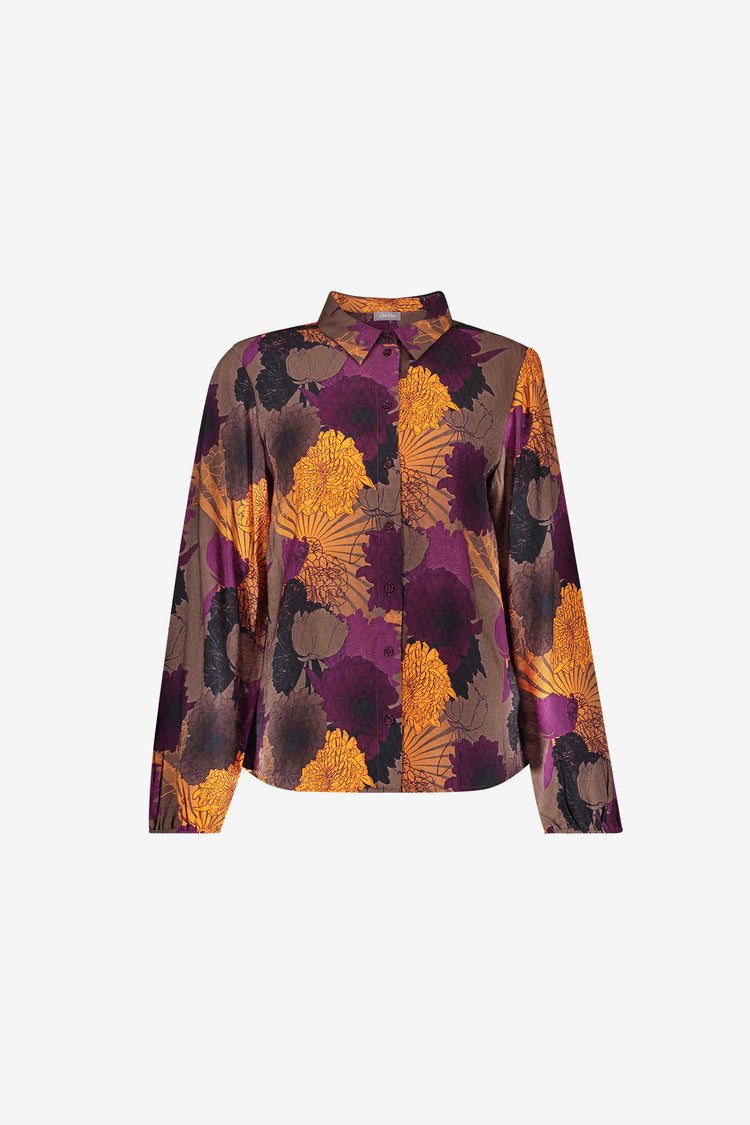 Geisha Bluse mit Blumenprint in warmen Herbsttönen