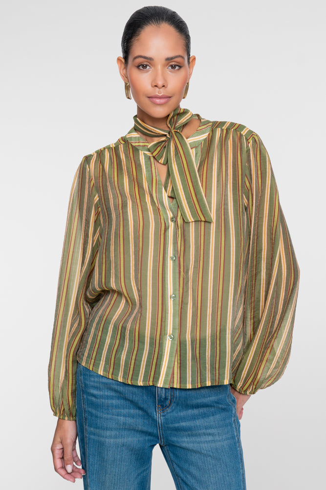 Geisha Damen Gestreifte Bluse mit Schleifendetail in Grün