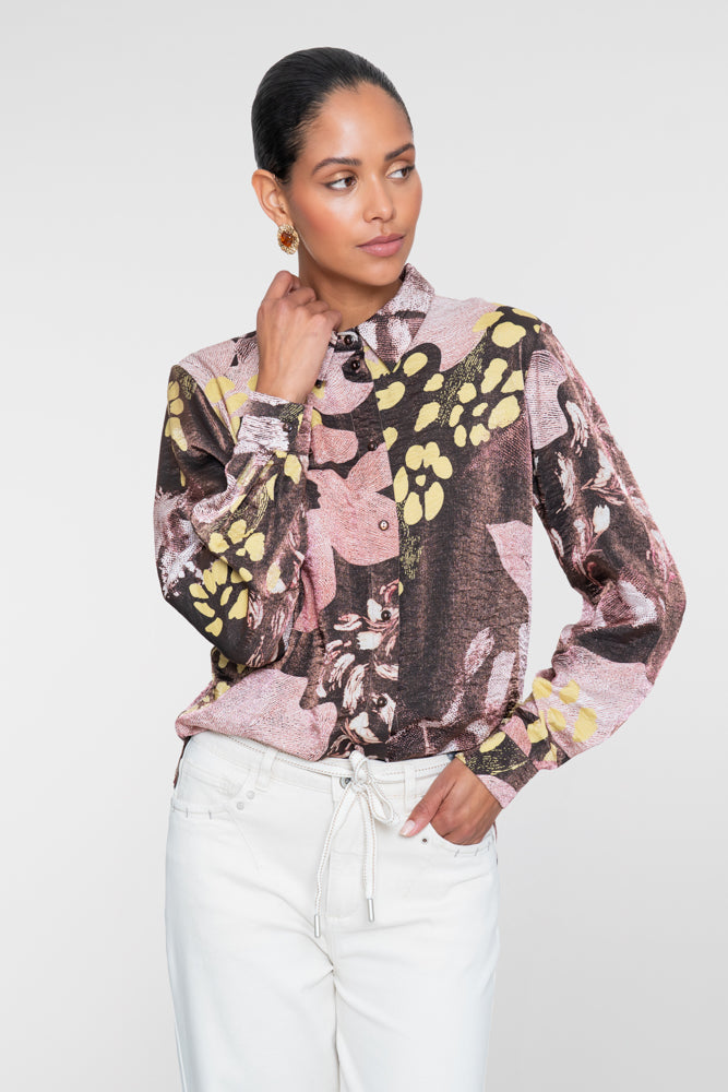 Geisha Bluse mit grafischem Blumenprint in Rosa und Braun