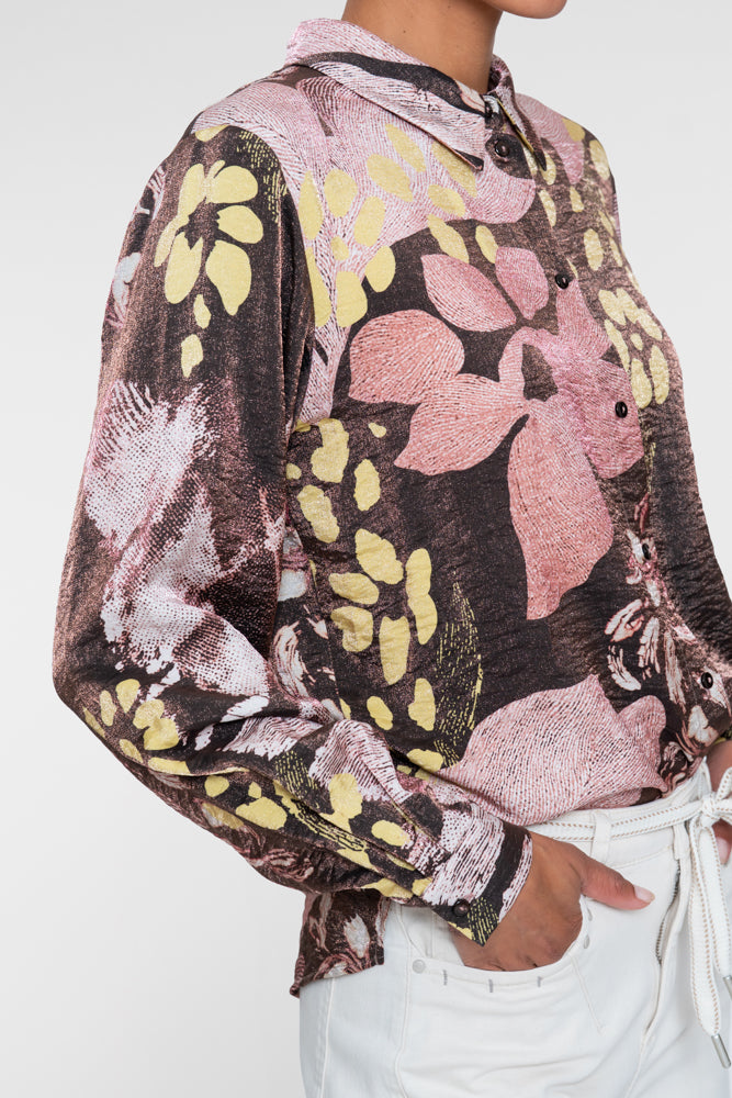 Geisha Bluse mit grafischem Blumenprint in Rosa und Braun
