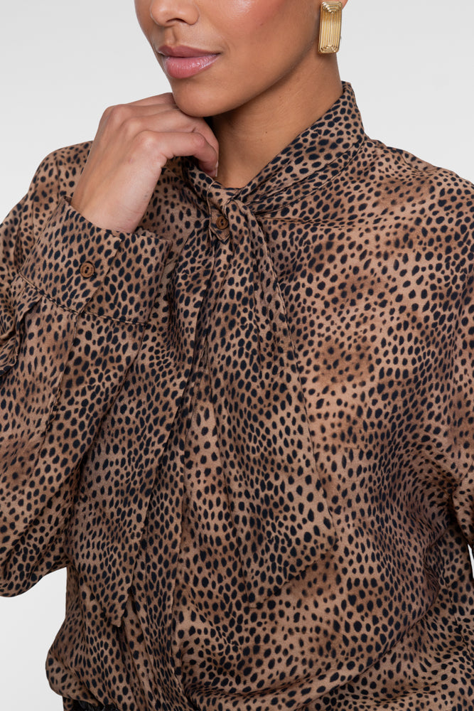 Geisha Oversize-Bluse mit Leopardenmuster und Schleifendetail