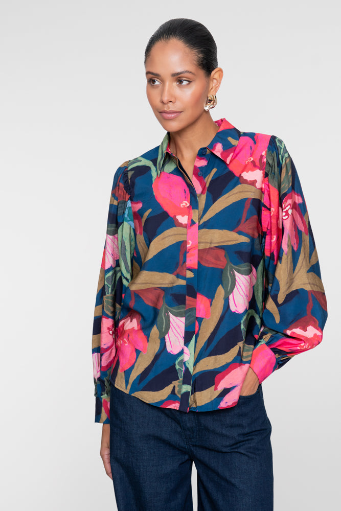 Geisha Damen Farbenfrohe Bluse mit Blumenprint und voluminösen Ärmeln – Shop de look
