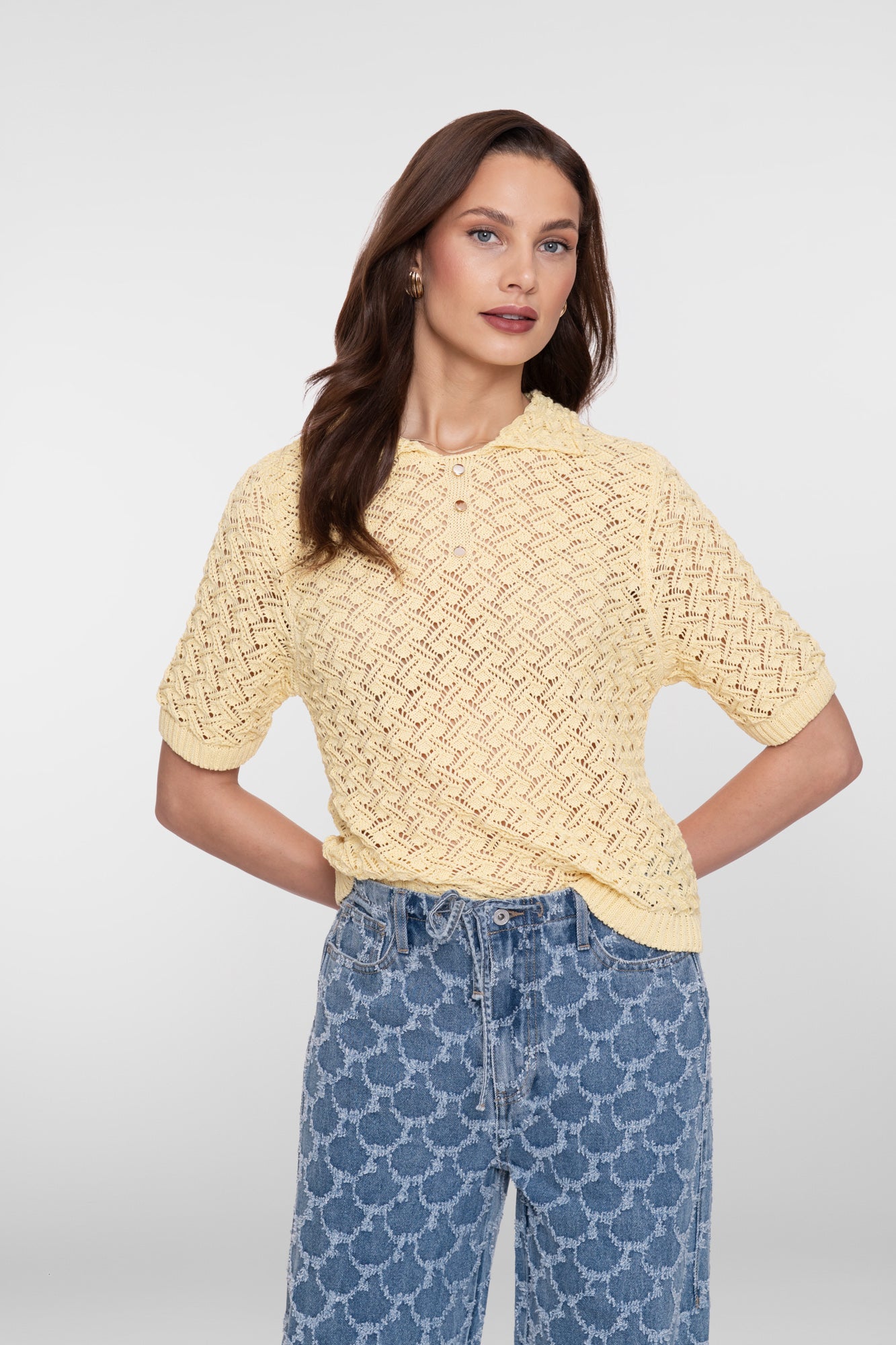 Geisha Ajour-Strickpullover mit Kragen in Buttergelb