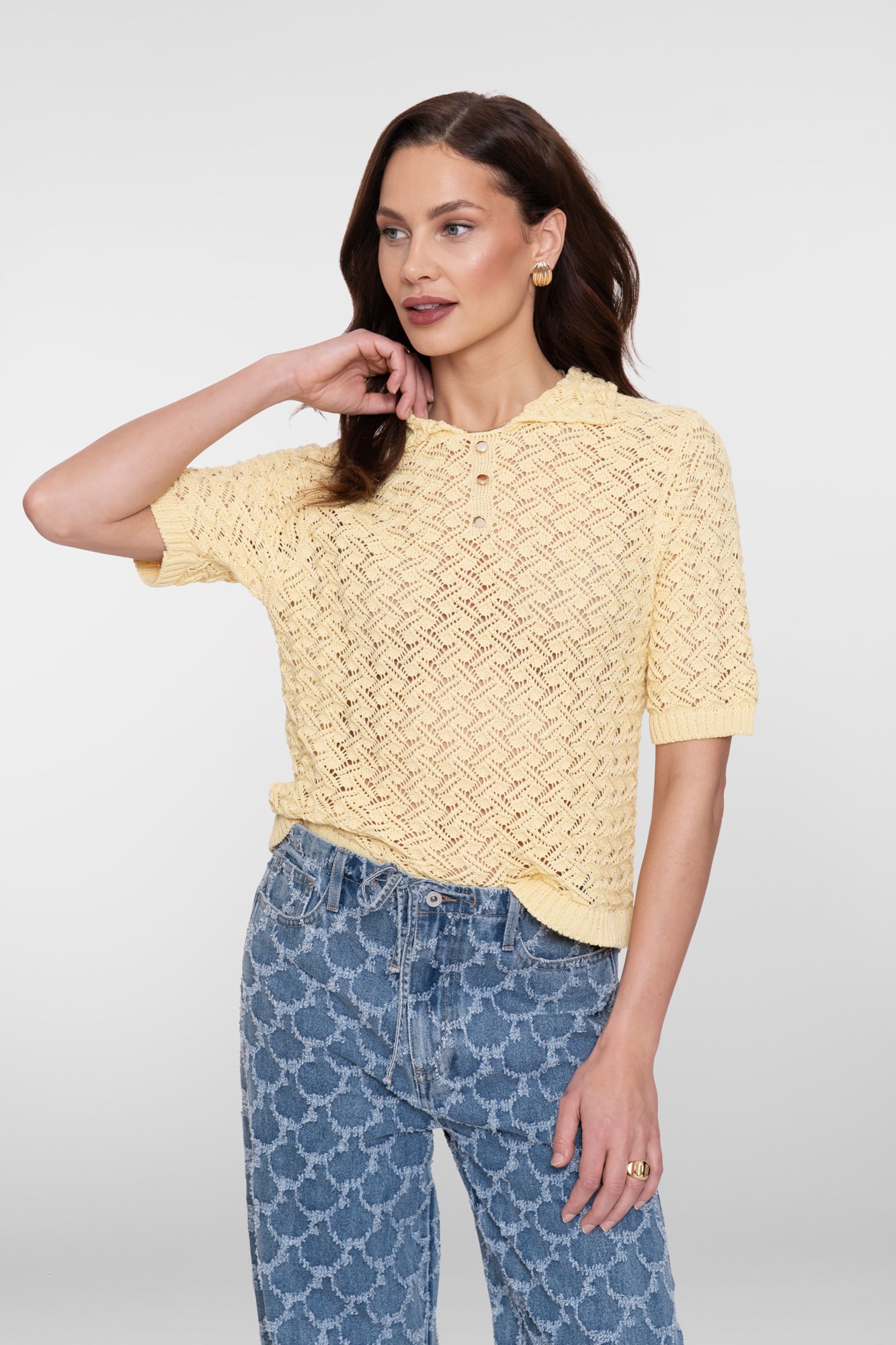 Geisha Ajour-Strickpullover mit Kragen in Buttergelb