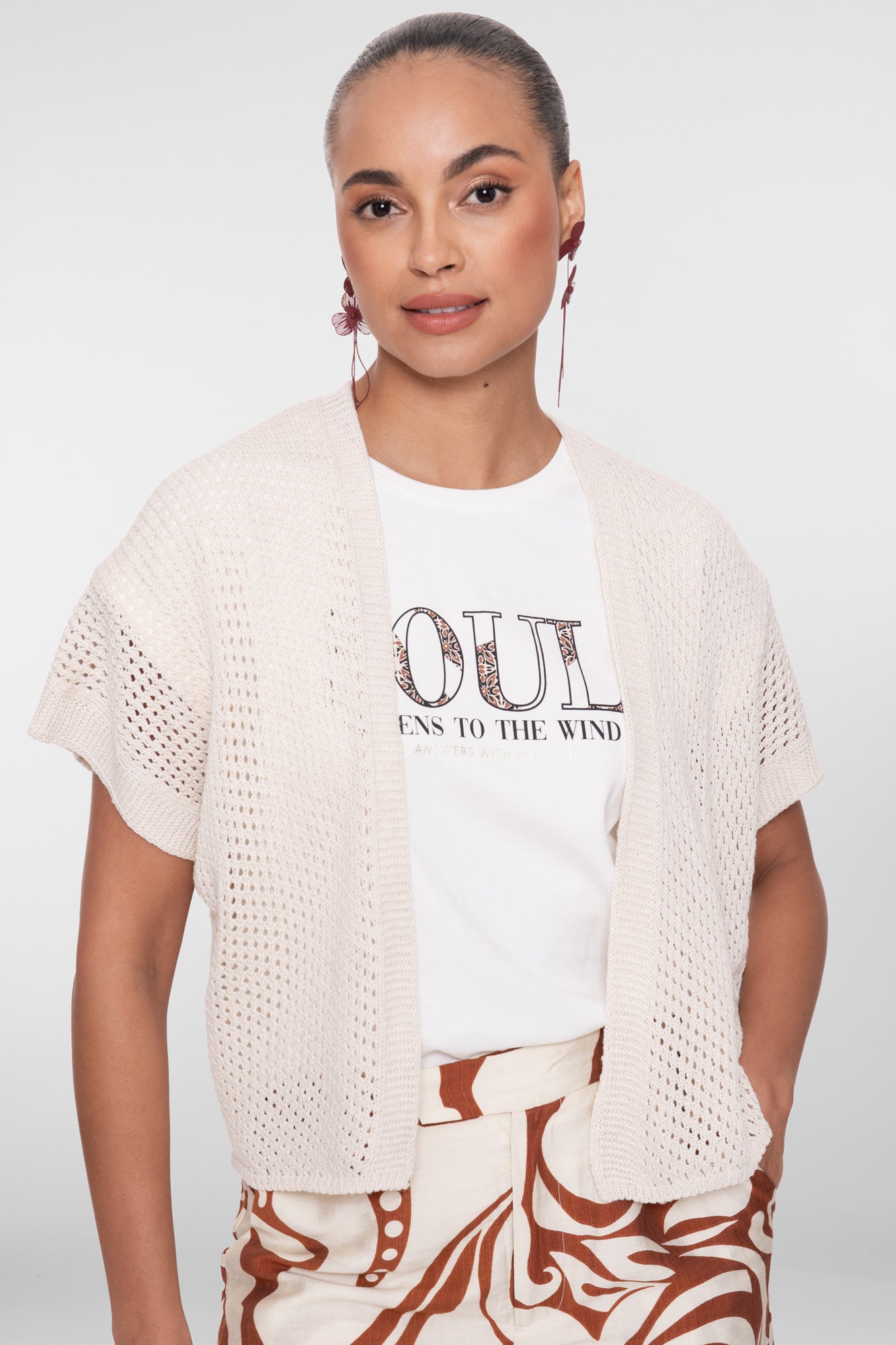 Geisha offene Strickjacke mit Ajourstruktur