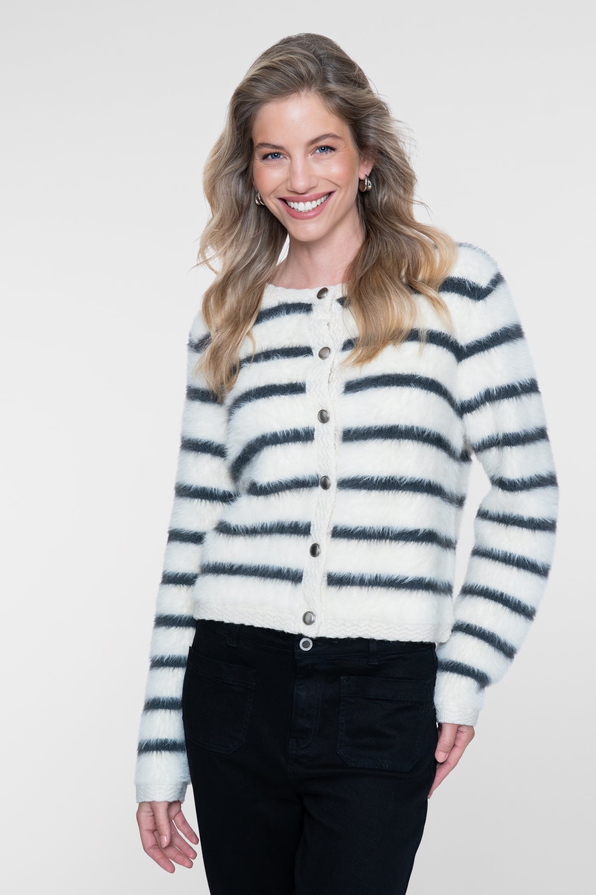 Geisha gestreifte Strickjacke mit weicher Hairy-Optik und Zierdetails