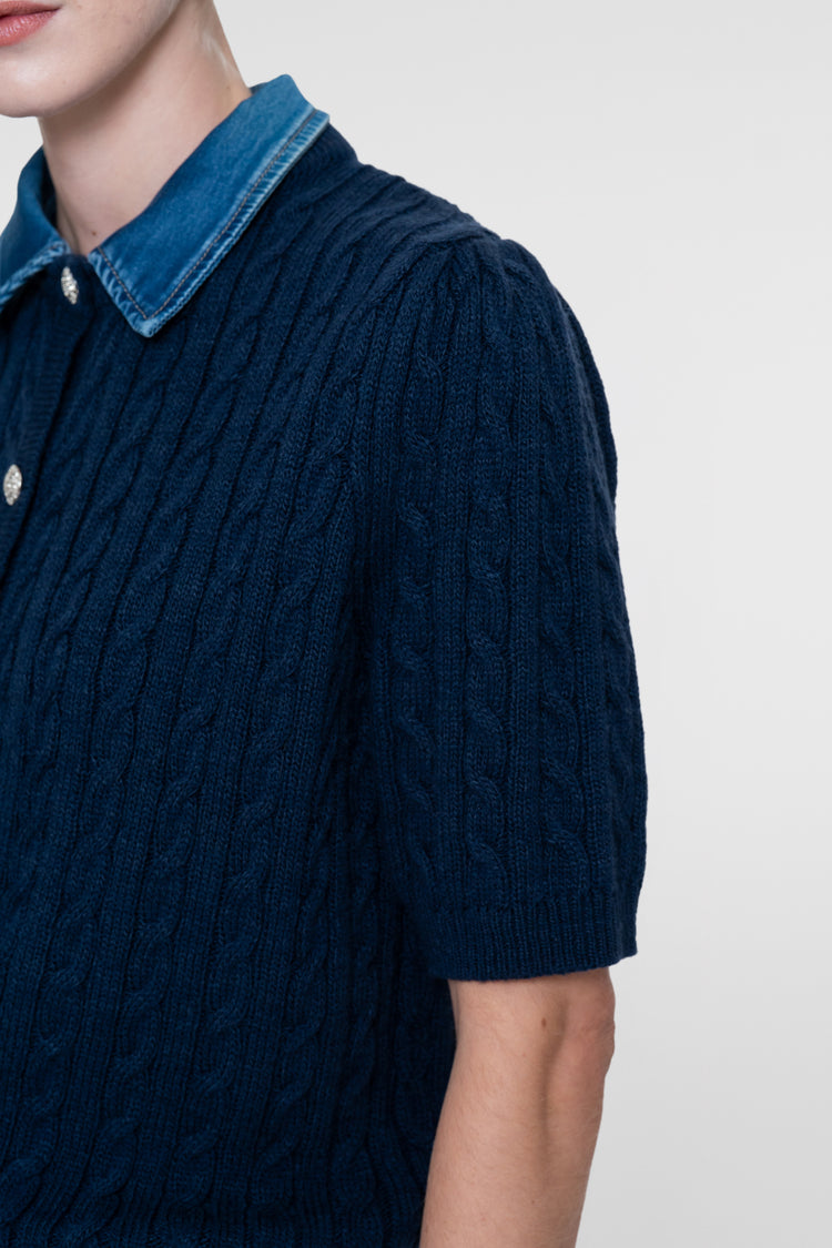 Geisha Strickjacke mit Denim-Kontrastkragen und Zopfstruktur