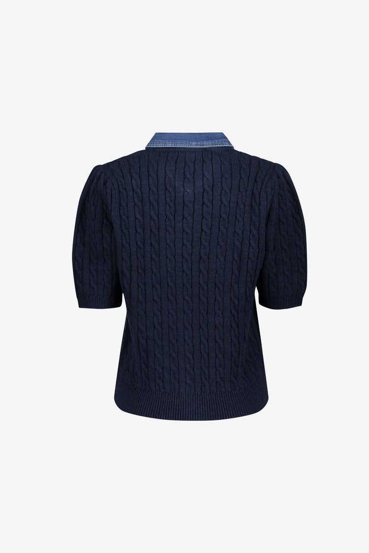 Geisha Strickjacke mit Denim-Kontrastkragen und Zopfstruktur