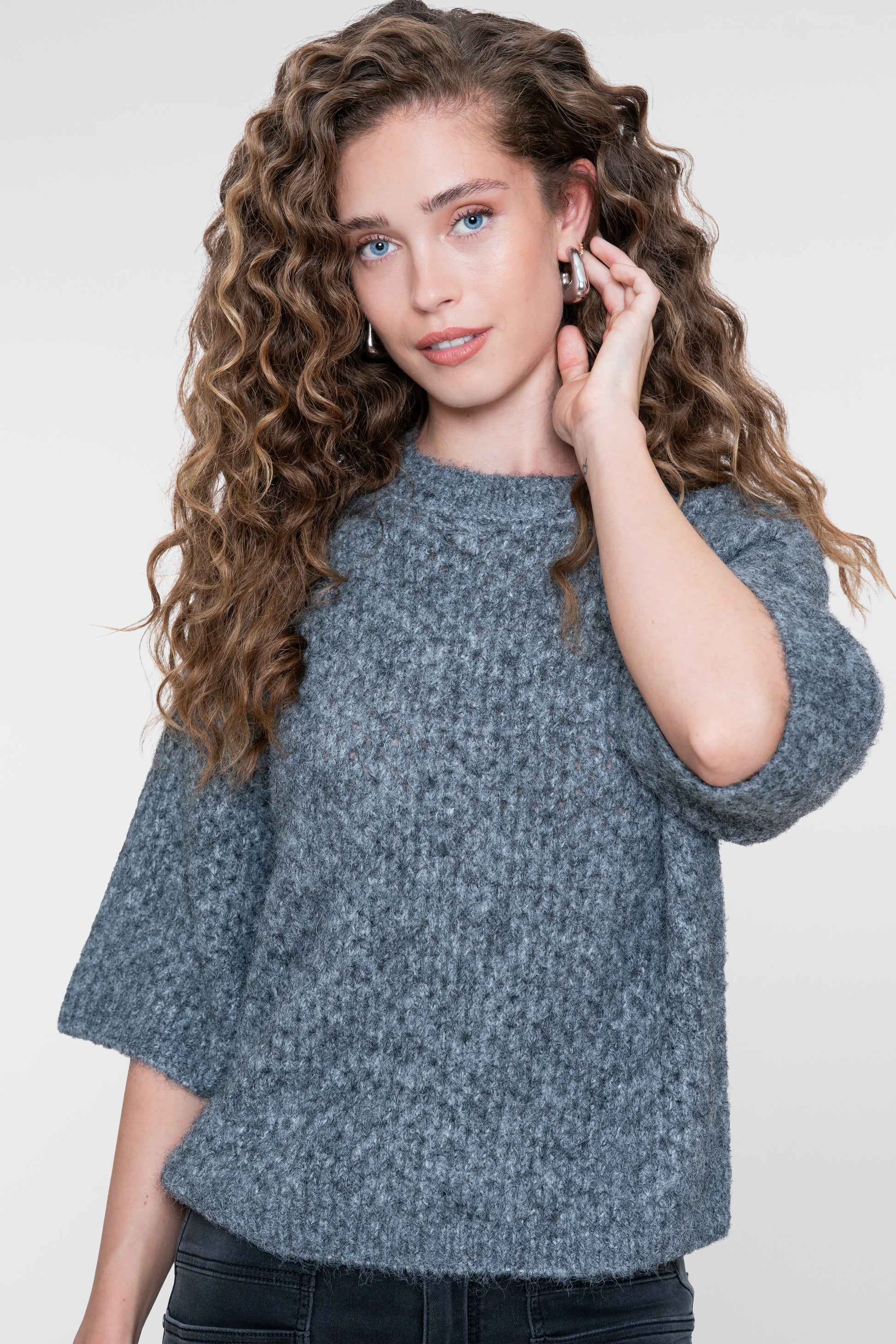 Geisha Pullover mit grobem Ajourmuster und kurzen Ärmeln
