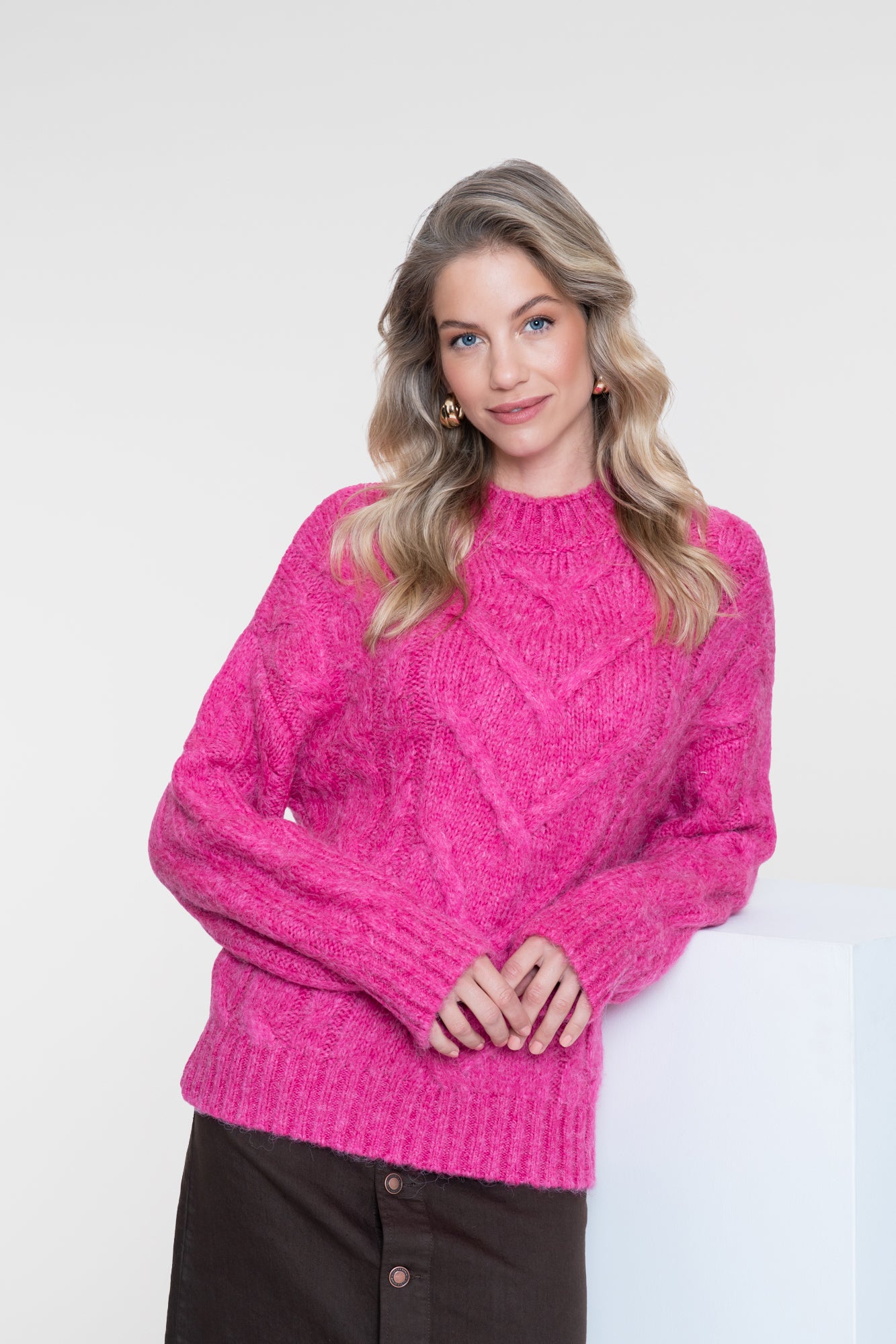 Geisha rosa Zopfpullover mit Stehkragen