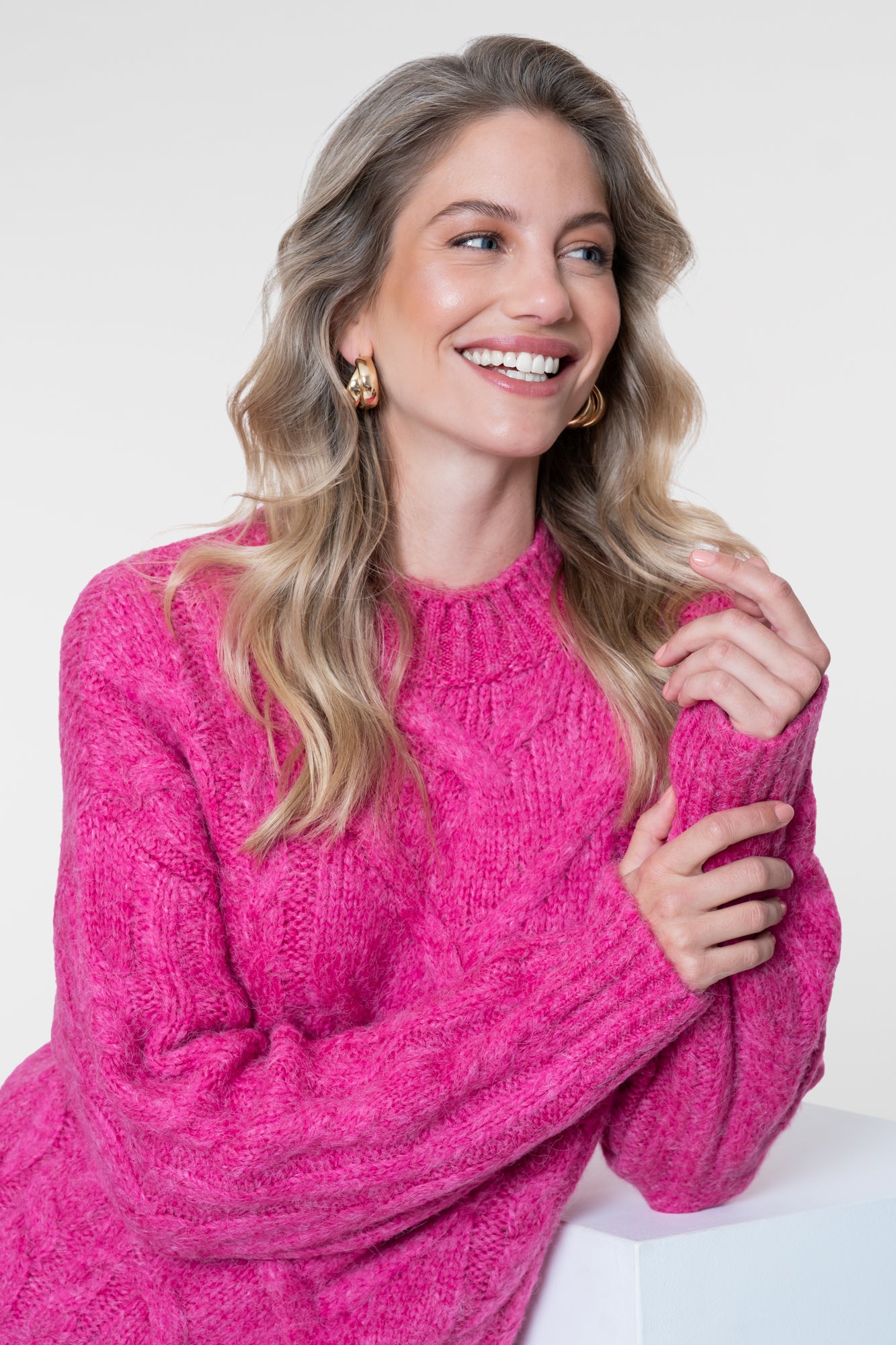 Geisha rosa Zopfpullover mit Stehkragen