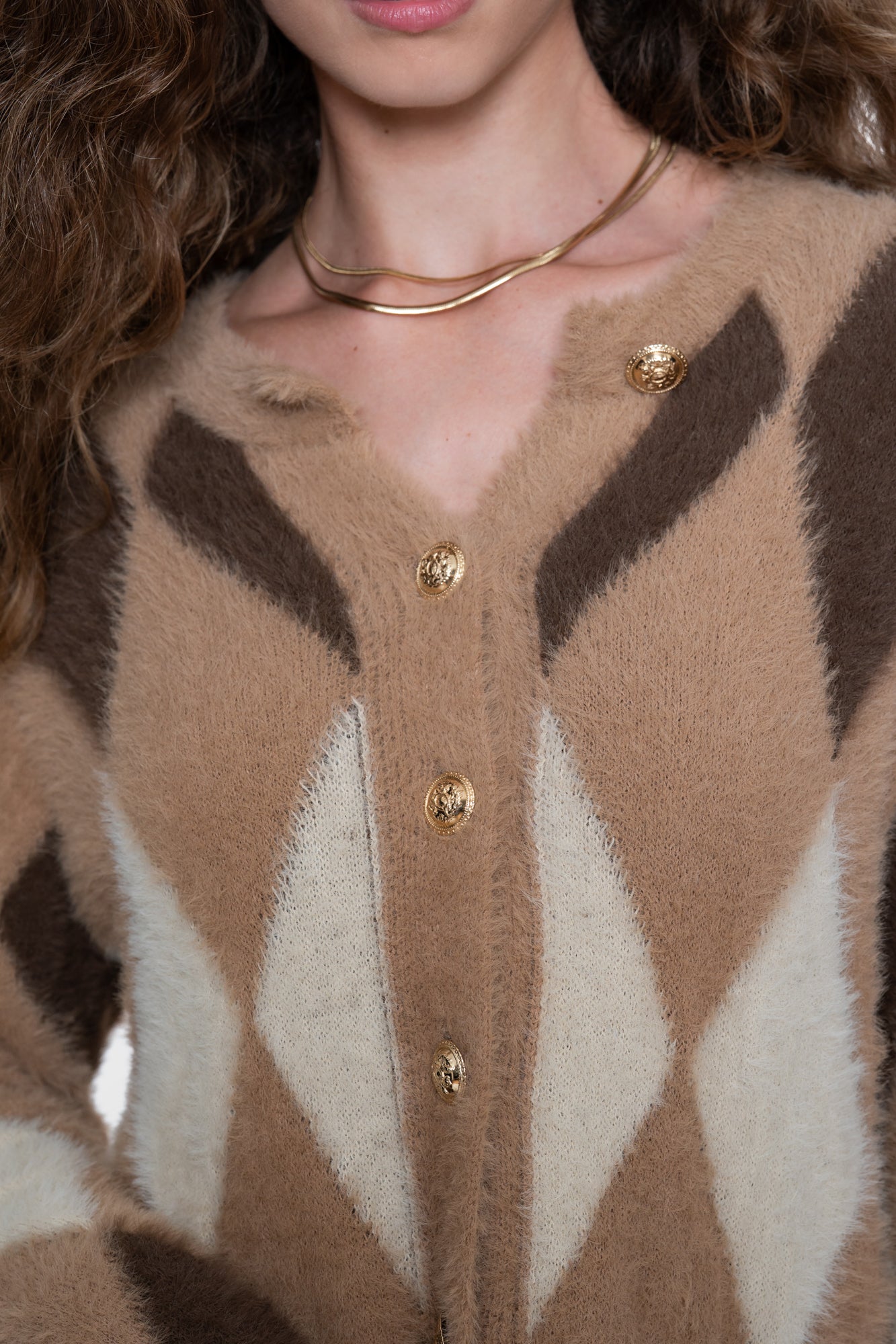 Geisha Strickjacke mit Karomuster und Zierknöpfen