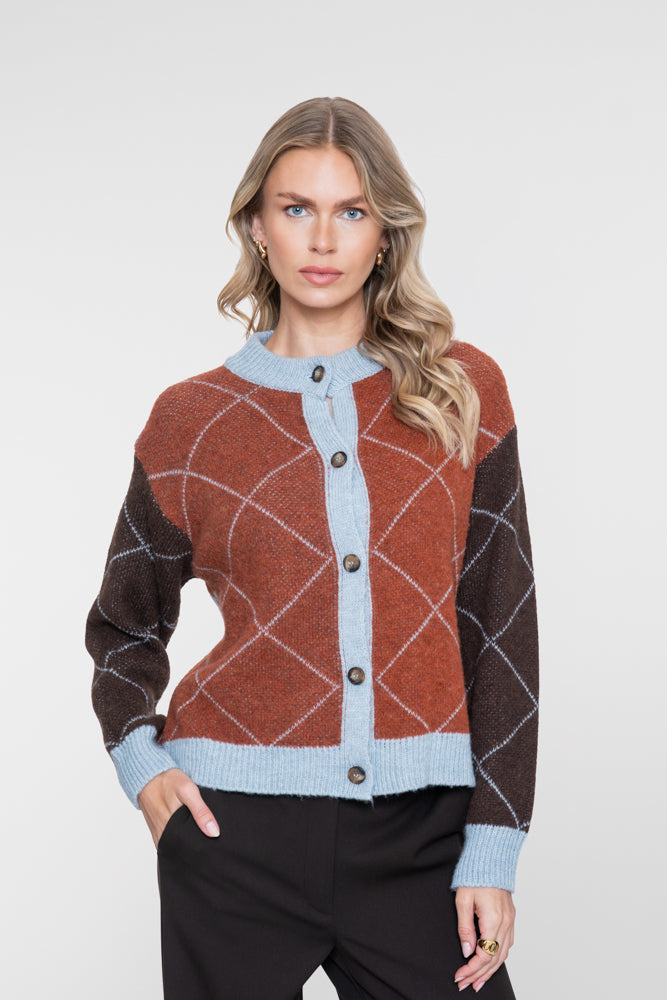 Geisha-Strickjacke mit Karomuster und farblich abgesetzten Bereichen