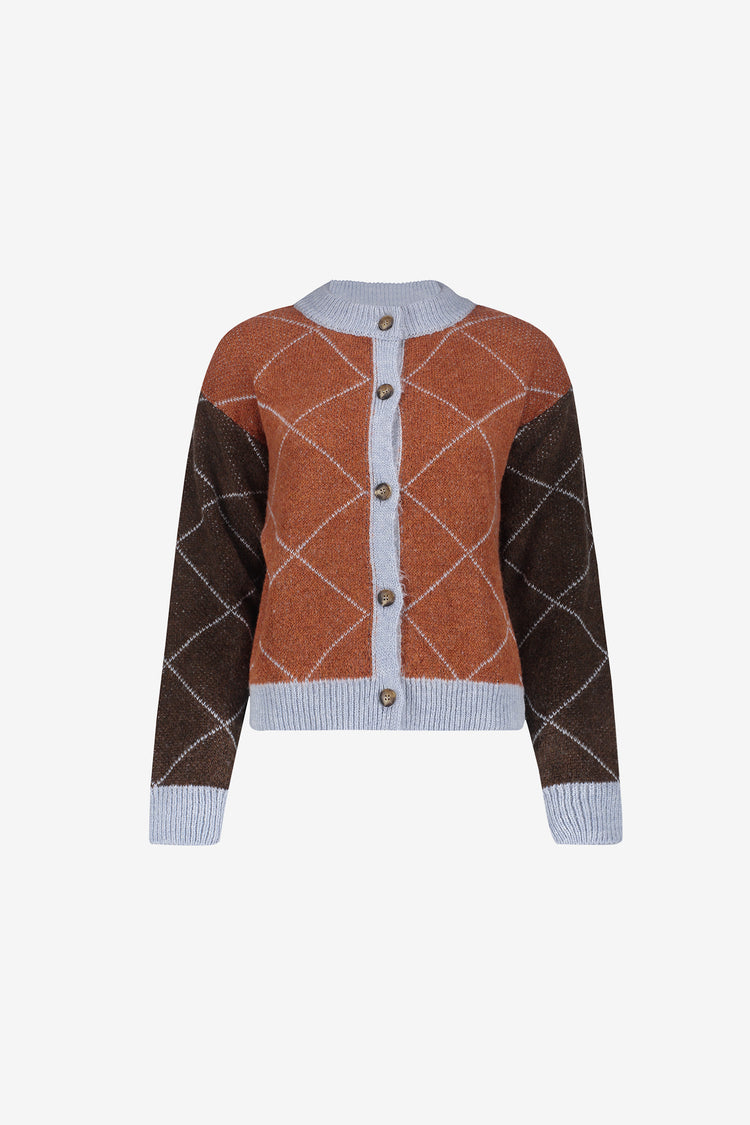 Geisha-Strickjacke mit Karomuster und farblich abgesetzten Bereichen