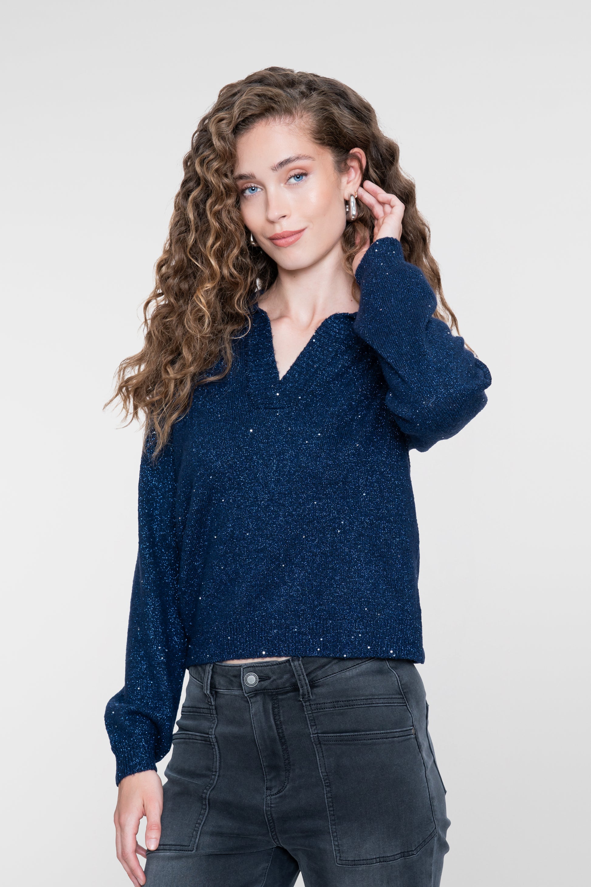 Geisha Damen Pullover mit V-Ausschnitt, Lurex und Pailletten