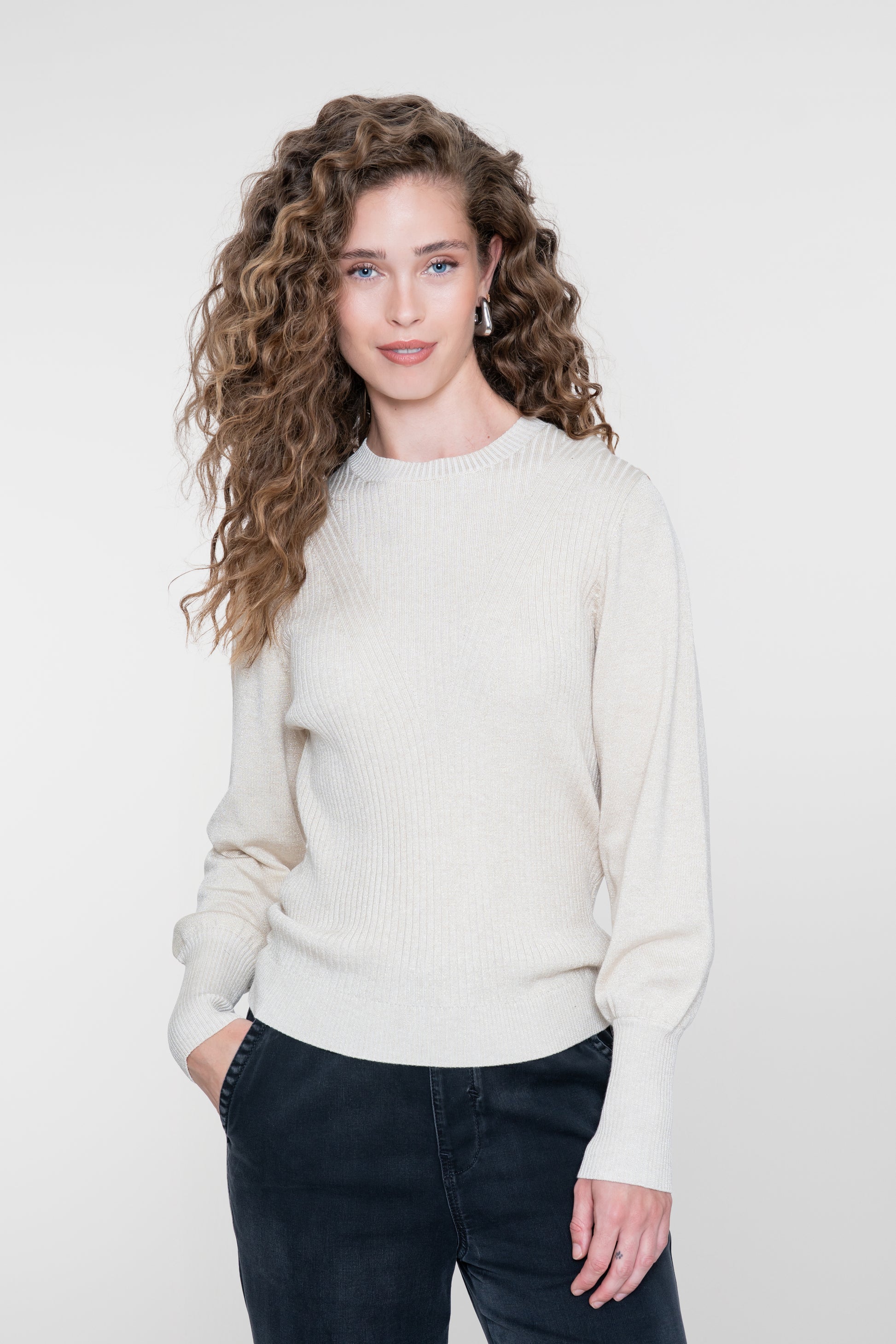 Geisha beiger Pullover mit Lurex und langen Manschetten