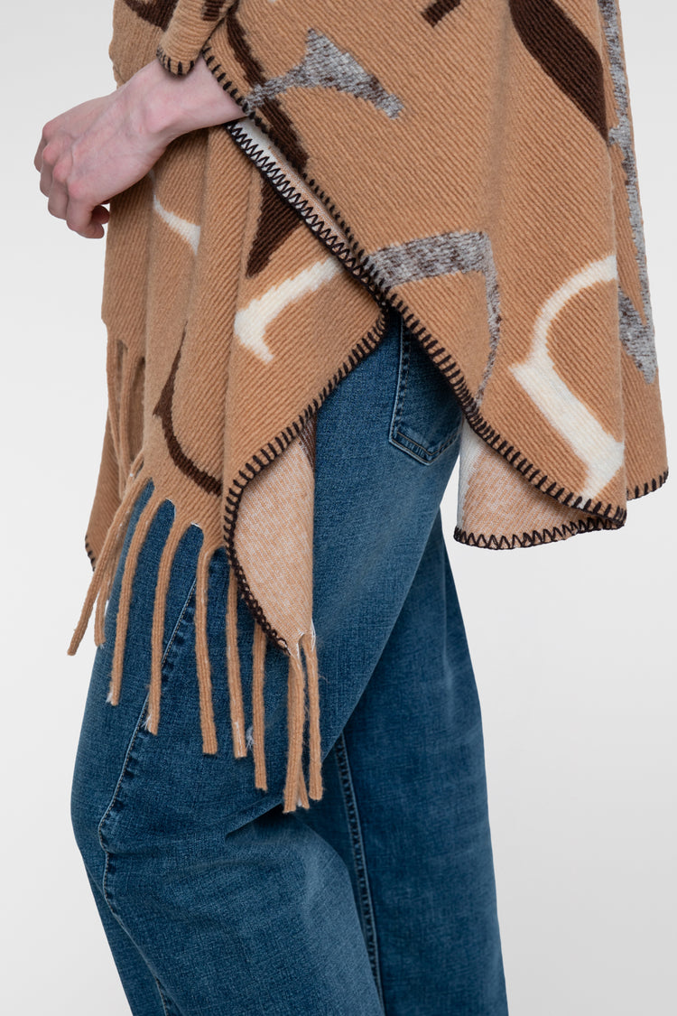 Geisha poncho met grafisch dessin en franjes
