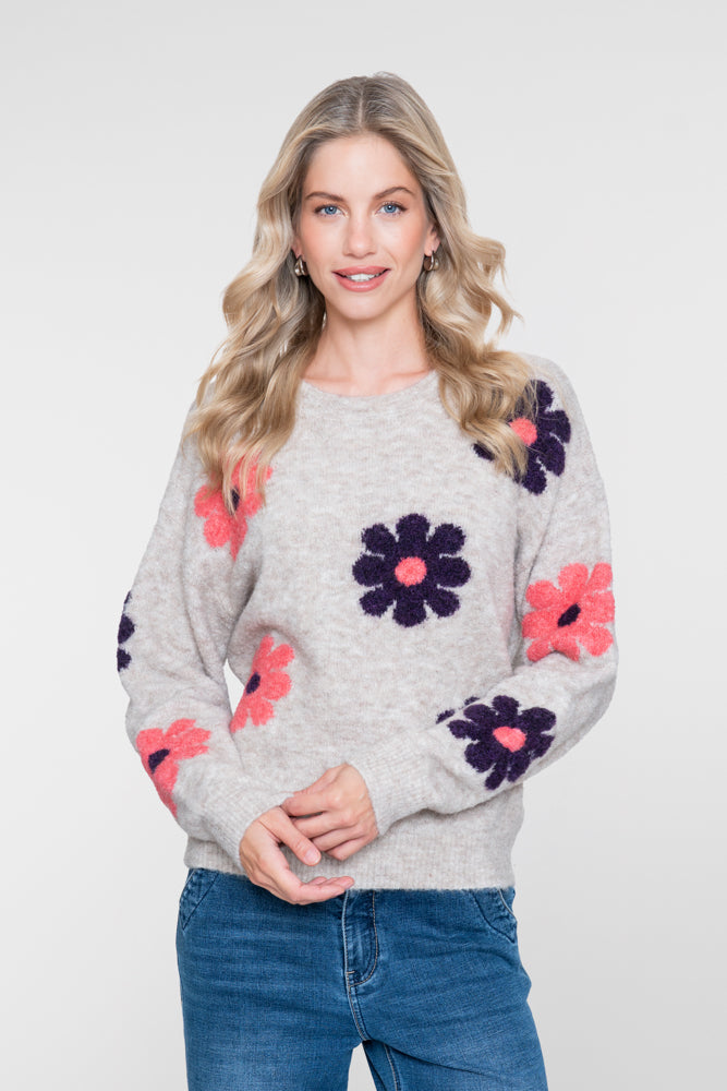 Geisha Damenpullover mit Blumenprint und Rundhalsausschnitt