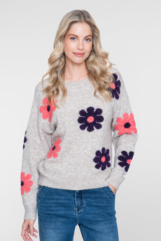 Geisha Damenpullover mit Blumenprint und Rundhalsausschnitt