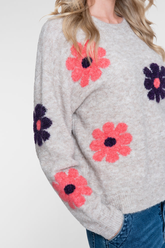 Geisha Damenpullover mit Blumenprint und Rundhalsausschnitt