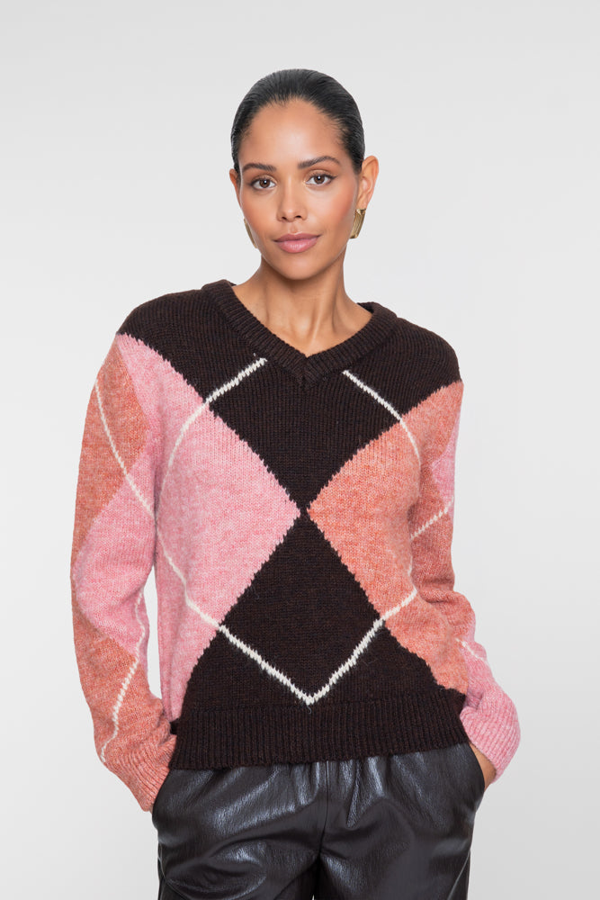 Geisha gestrickter Damenpullover mit Rautenmuster und V-Ausschnitt