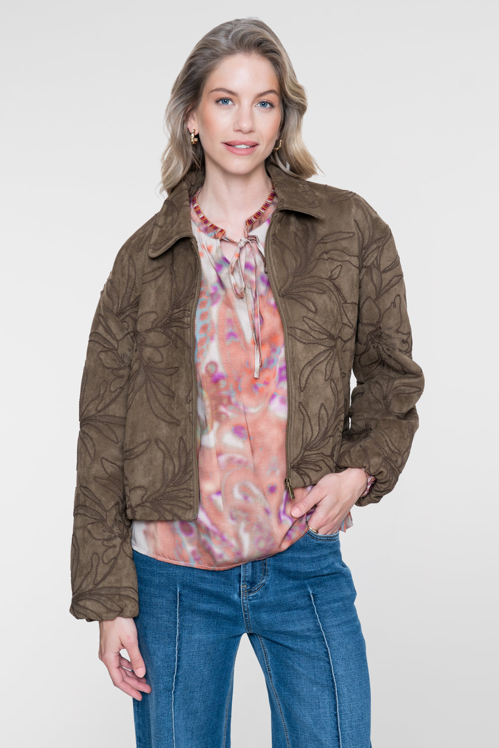 Geisha Jacke in Veloursleder-Optik mit Blumenmuster