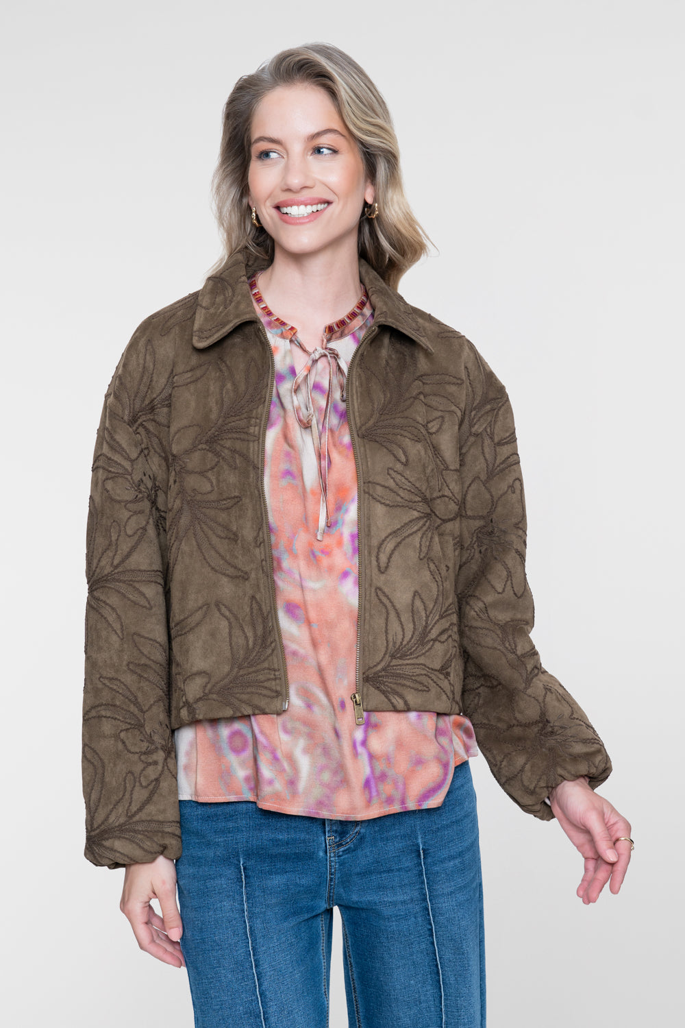 Geisha Jacke in Veloursleder-Optik mit Blumenmuster