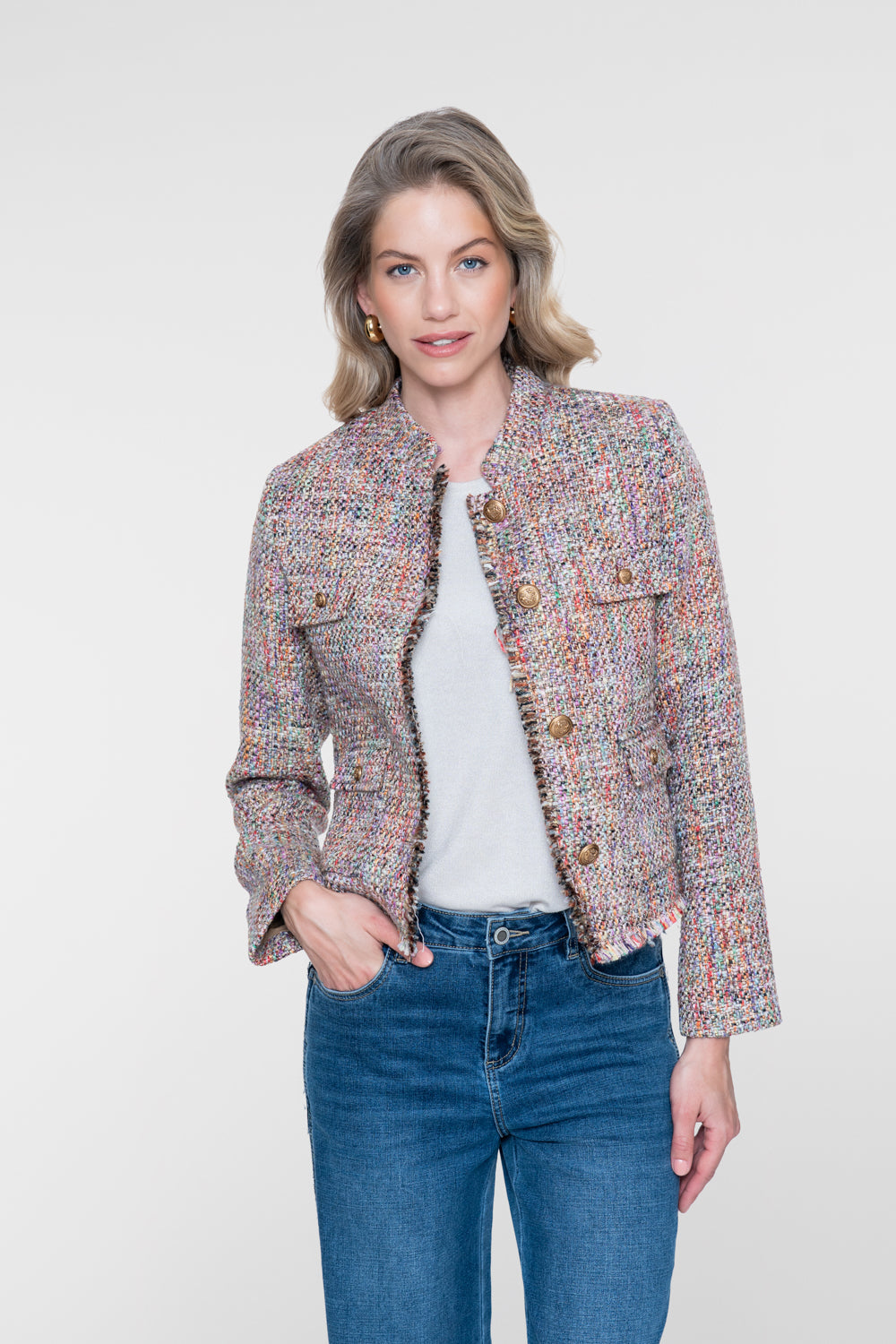 Geisha Boucléjacke in Multicolor mit Zierknöpfen