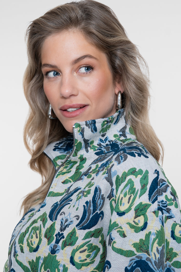 Geisha kurze Jacquardjacke mit Blumenprint und Stehkragen