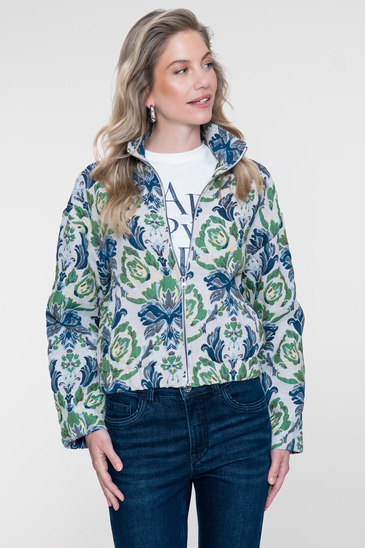 Geisha kurze Jacquardjacke mit Blumenprint und Stehkragen