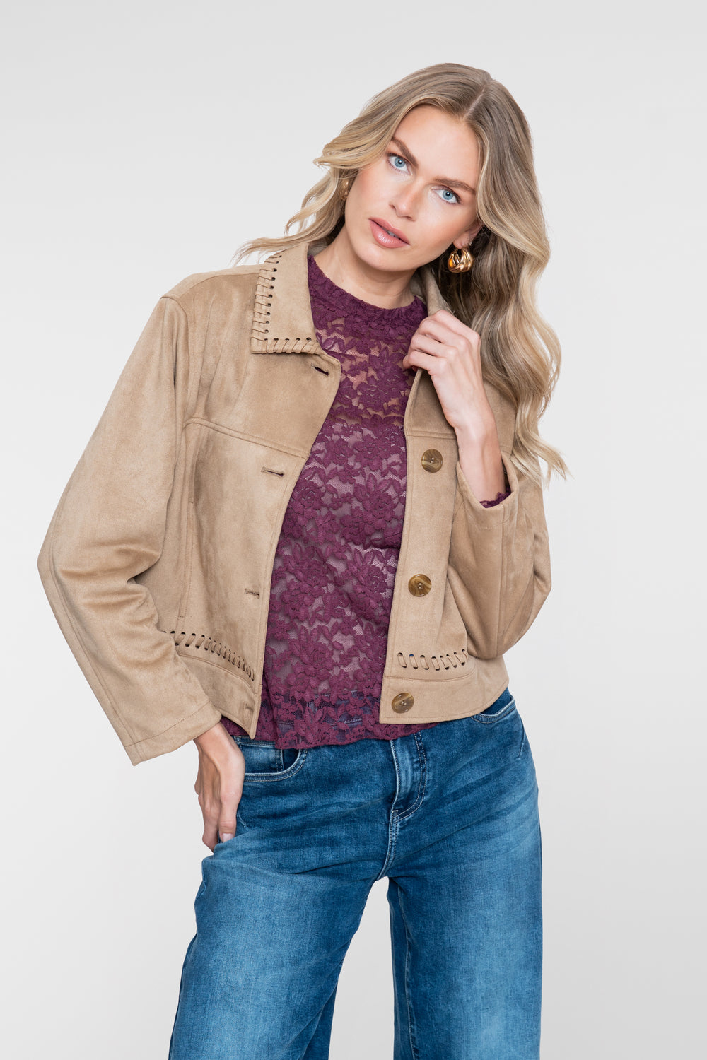 Geisha Damen Jacke in Velourslederoptik mit Flechtdetails