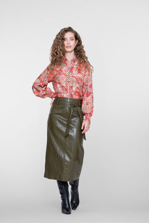 Geisha Damen Midirock in Lackoptik mit Bindegürtel