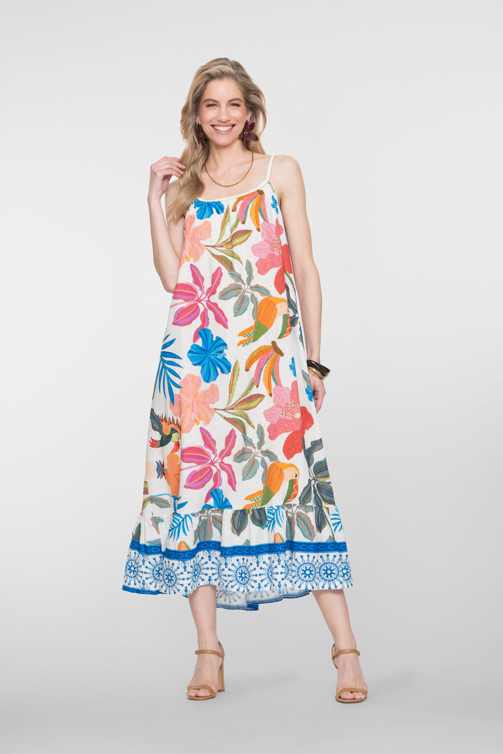 Geisha Maxikleid mehrfarbig mit Lurex Trägern und Volant